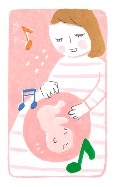 「赤ちゃんとママ」2017年10月号　おなかの赤ちゃんに音楽や声を聴かせているイラスト
