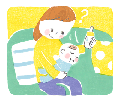 「赤ちゃんとママ」2017年10月号　赤ちゃんにミルクを飲ませようとするも嫌がられるイラスト
