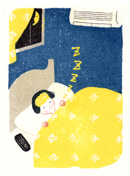 「みんな、げんき？」2004年夏号（DHC）熱帯夜に額を冷やして熟睡する女性のイラスト