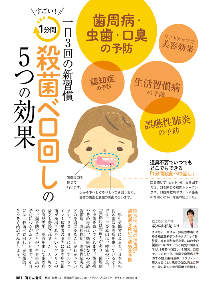 「毎日が発見」2020年9月号　歯周病予防、ベロ回しイラスト