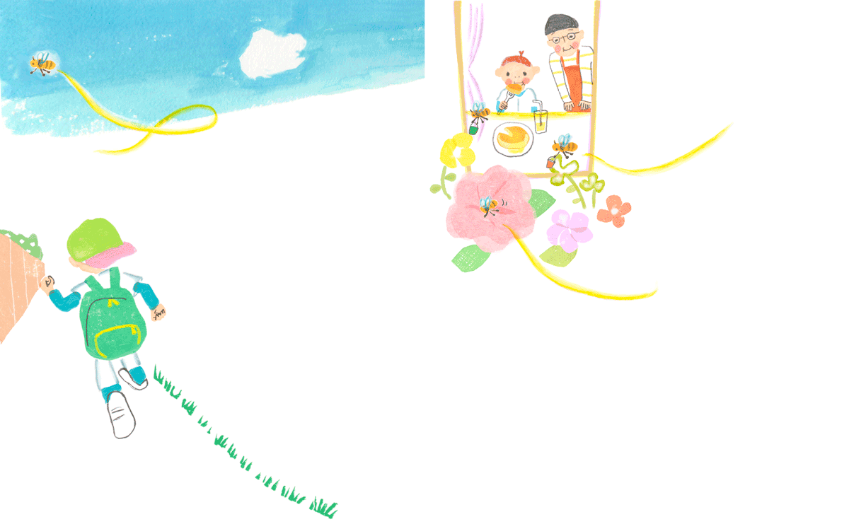 「ミツバチの童話と絵本のコンクール 」ハチミツたっぷりのパンケーキを食べている男の子のイラスト