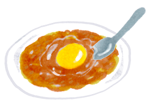 「詳細地図で歩きたい町」大阪　挿絵生卵を乗せたカレーのイラスト
