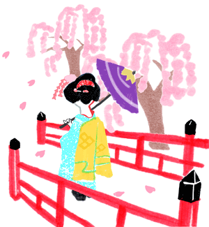 「詳細地図で歩きたい町」京都2018　枝垂桜が咲く赤い橋を渡る舞妓さんのイラスト