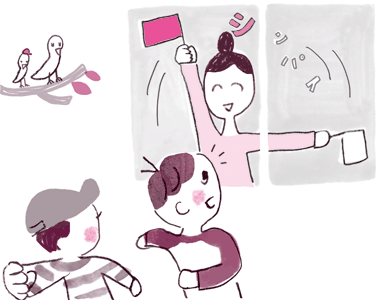 子育てQ&A（愛知県教育振興会）2018_6_10手旗信号を振る女性のイラスト