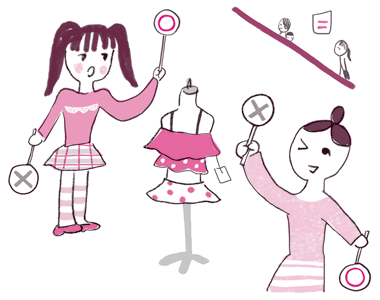 子育てQ&A（愛知県教育振興会）2018_6_10母と洋服を選ぶ小学生の女の子のイラスト