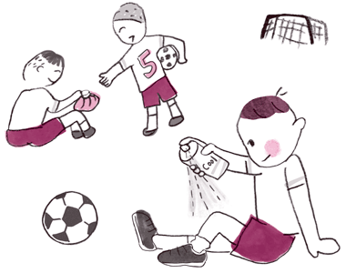 子育てQ&A（愛知県教育振興会）2018_6_10サッカー少年が膝にアイシングスプレーをしているイラスト